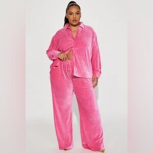Jenelle Velvet Plisse Pant Set - Hot Pink plus size 1X Color